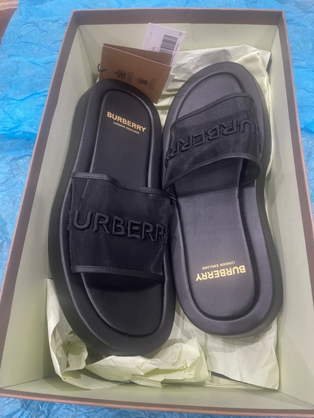 Burberry Black Embroidered Logo Mesh Slide Sandals - Picture 3 of 4